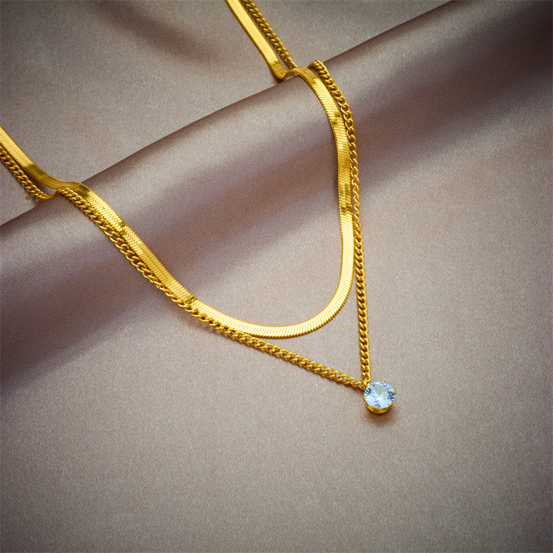 Women's Double-Layer Golden Chain Necklace with Synthetic Zirconia